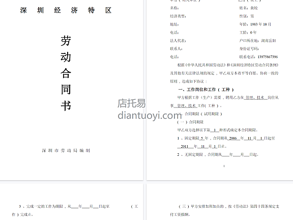 深圳经济特区劳动合同书标准版模板下载，共11页