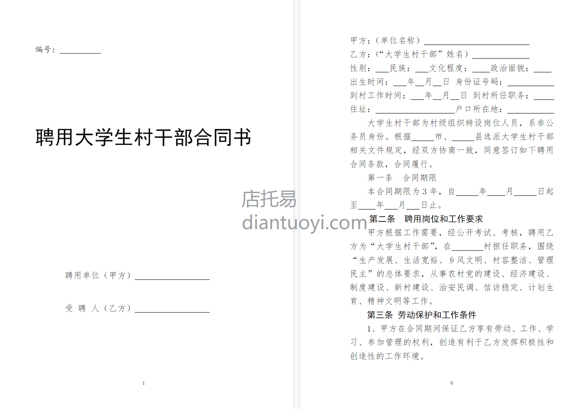 聘用大学生村干部合同书模板在线下载，共6页