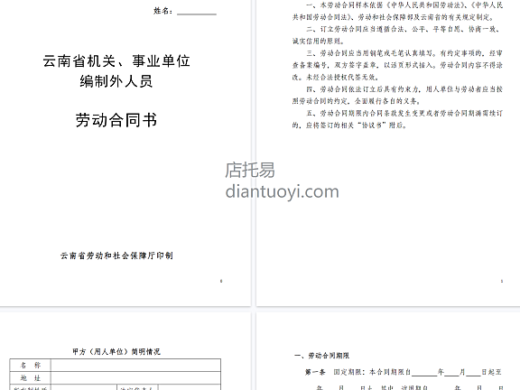 云南省机关、事业单位编制外人员劳动合同书（修改后），共8页