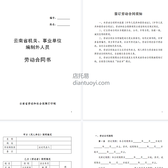 云南省机关、事业单位编制外人员劳动合同书（修改后），共8页
