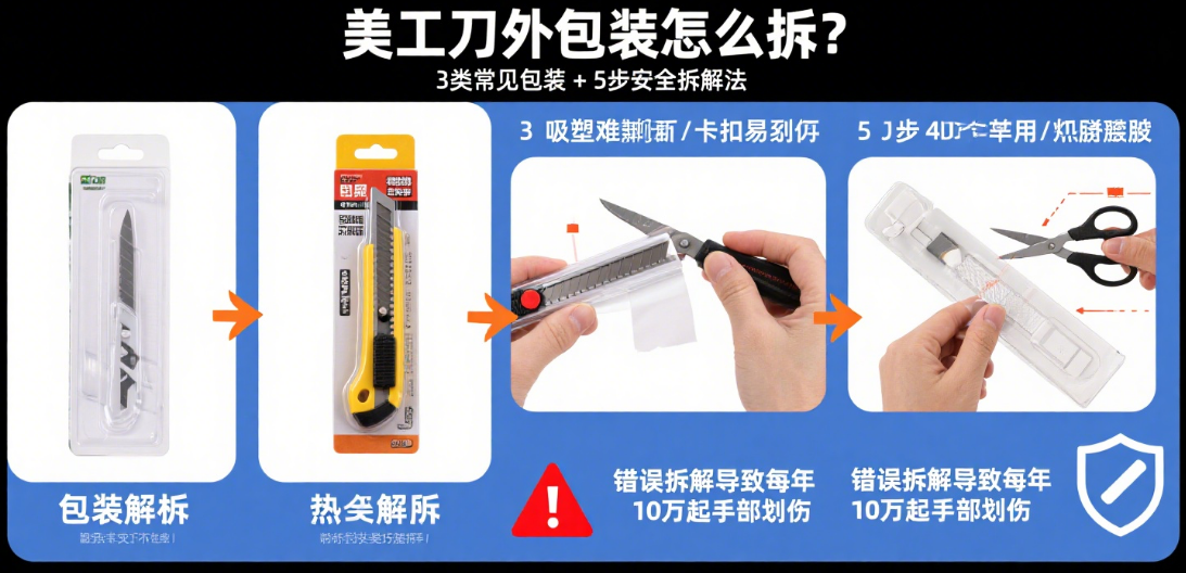 美工刀外包装怎么拆?3类常见包装+5步安全拆解法,新手也能不费力
