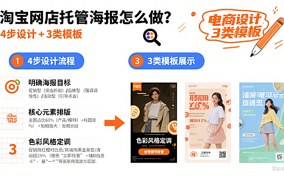淘宝网店托管海报怎么做？4 步设计 + 3 类模板