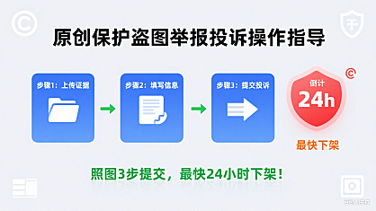 原创保护盗图举报投诉操作指导，照图3步提交，最快24小时下架！