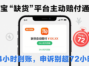 淘宝“缺货”平台主动赔付通知，24小时到账，申诉别超72小时！