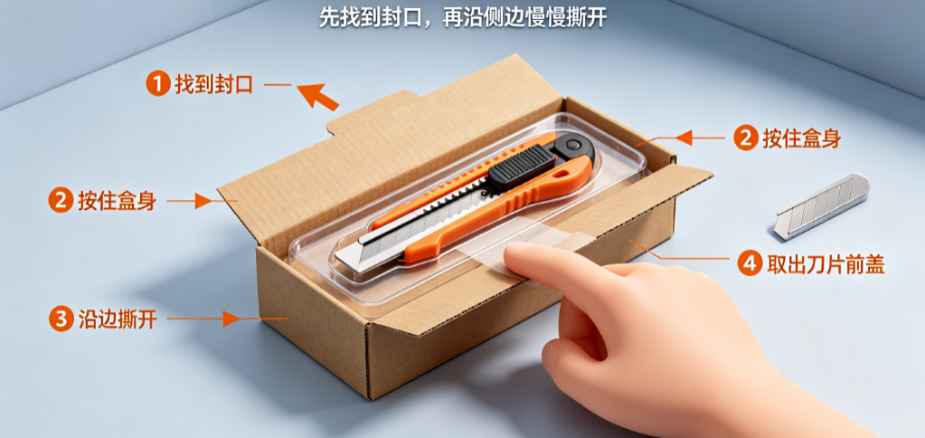 美工刀外包装盒怎么打开？